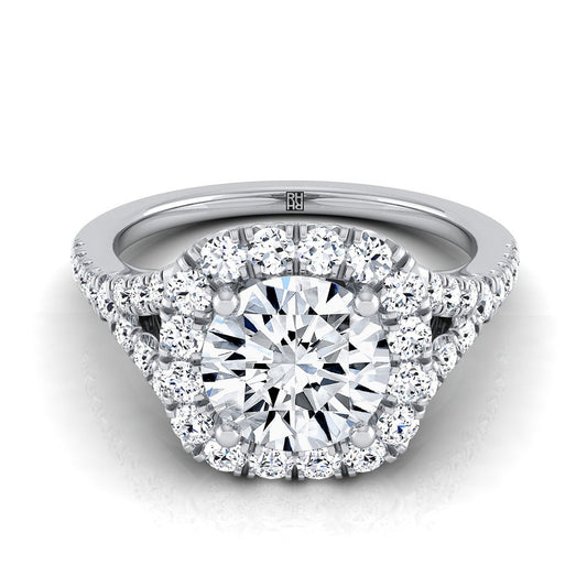 18K White Gold Round Brilliant Diamond Simple Prong Halo Split Shank Engagement Ring -1/2ctw