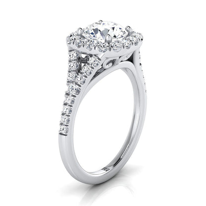 18K White Gold Round Brilliant Diamond Simple Prong Halo Split Shank Engagement Ring -1/2ctw