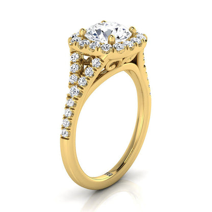 18K Yellow Gold Round Brilliant Diamond Simple Prong Halo Split Shank Engagement Ring -1/2ctw