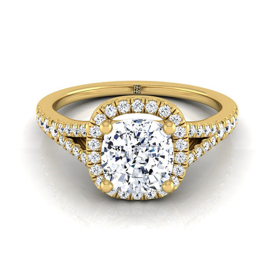 18K Yellow Gold Cushion French Pave Split Shank Halo Engagement Ring -1/4ctw