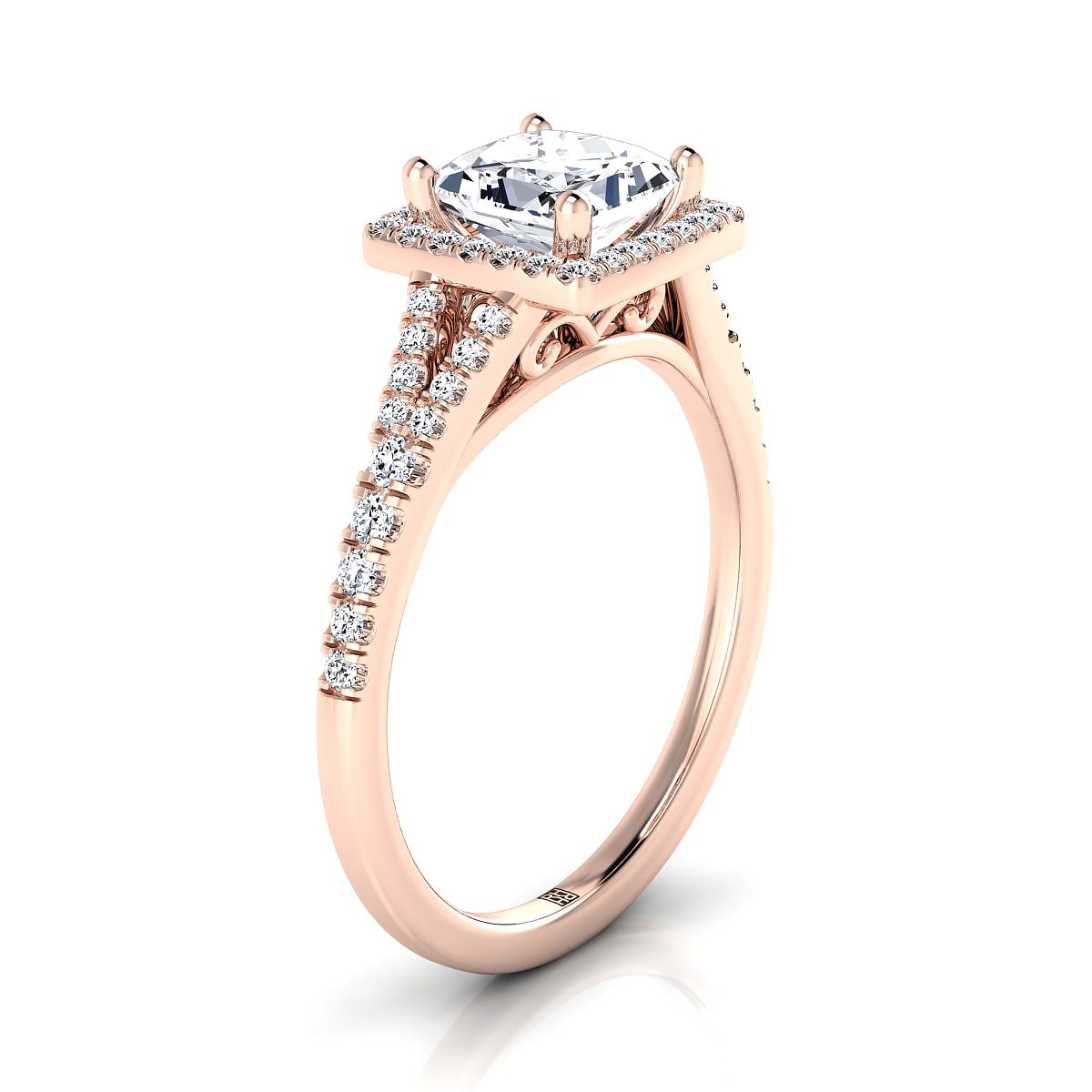 14K Rose Gold Princess Cut French Pave Split Shank Halo Engagement Ring -1/4ctw