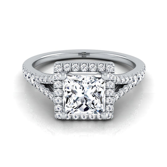 Platinum Princess Cut French Pave Split Shank Halo Engagement Ring -1/4ctw