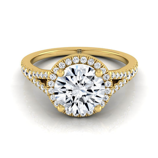 18K Yellow Gold Round Brilliant French Pave Split Shank Halo Engagement Ring -1/4ctw