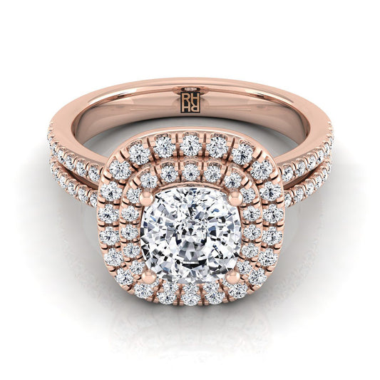 14K Rose Gold Cushion Linear Double Row Halo Diamond Engagement Ring -3/8ctw