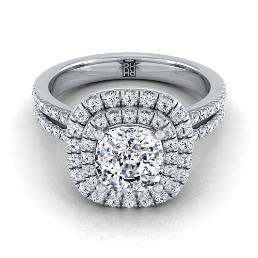 Platinum Cushion Linear Double Row Halo Diamond Engagement Ring -3/8ctw
