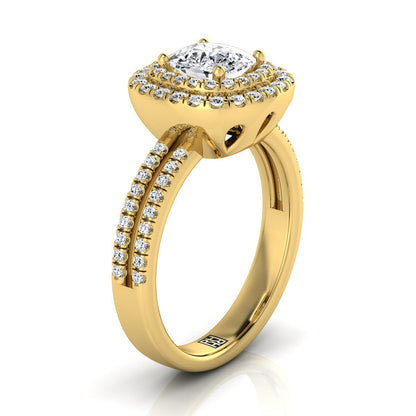 18K Yellow Gold Cushion Linear Double Row Halo Diamond Engagement Ring -3/8ctw