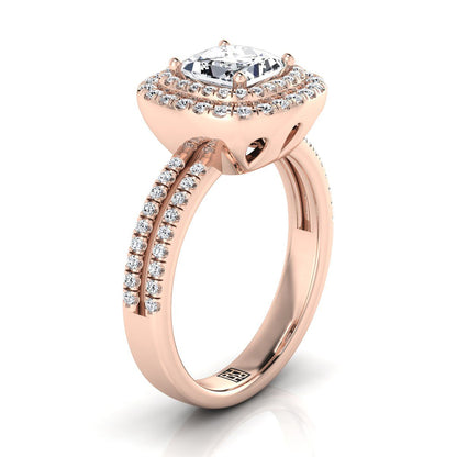 14K Rose Gold Princess Cut Linear Double Row Halo Diamond Engagement Ring -3/8ctw