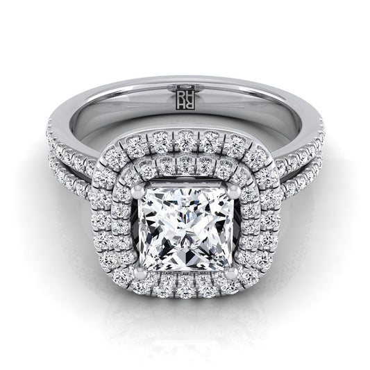 Platinum Princess Cut Linear Double Row Halo Diamond Engagement Ring -3/8ctw