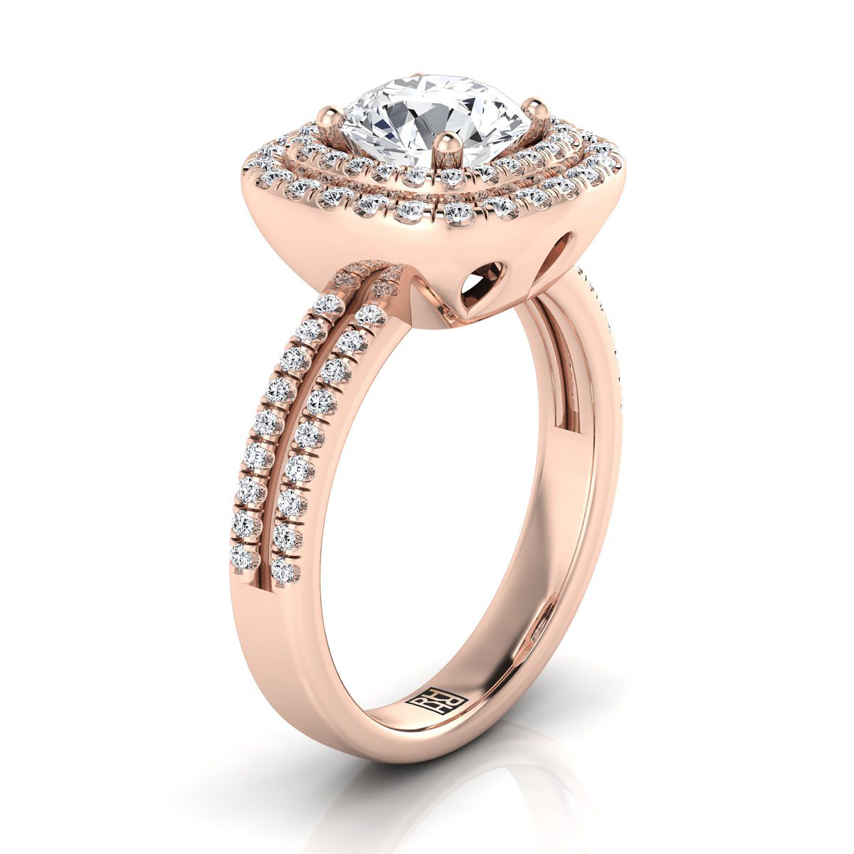 14K Rose Gold Round Brilliant Linear Double Row Halo Diamond Engagement Ring -3/8ctw