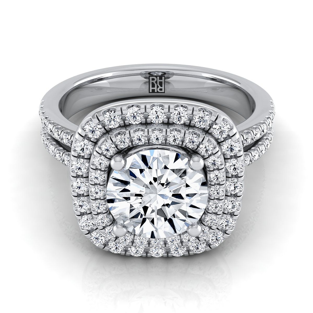Platinum Round Brilliant Linear Double Row Halo Diamond Engagement Ring -3/8ctw