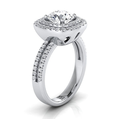 Platinum Round Brilliant Linear Double Row Halo Diamond Engagement Ring -3/8ctw