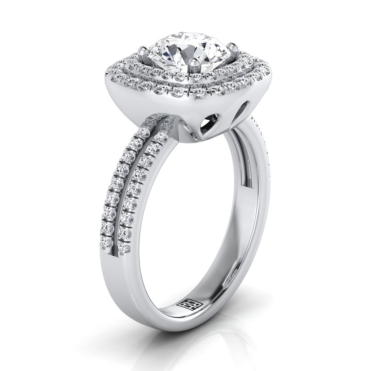 18K White Gold Round Brilliant Linear Double Row Halo Diamond Engagement Ring -3/8ctw
