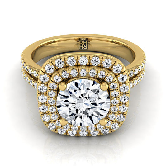 18K Yellow Gold Round Brilliant Linear Double Row Halo Diamond Engagement Ring -3/8ctw