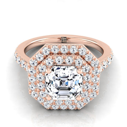 14K Rose Gold Asscher Cut Double Pave Halo with Linear Diamond Engagement Ring -7/8ctw