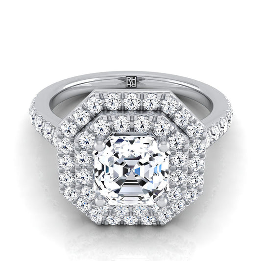 Platinum Asscher Cut Double Pave Halo with Linear Diamond Engagement Ring -7/8ctw