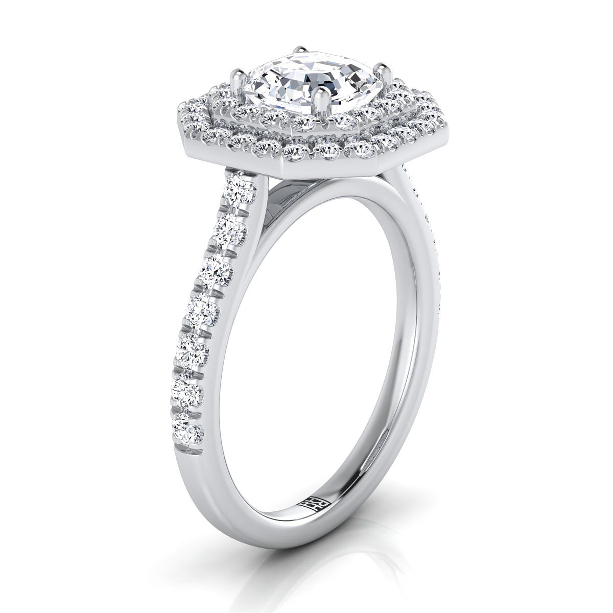 18K White Gold Asscher Cut Double Pave Halo with Linear Diamond Engagement Ring -7/8ctw