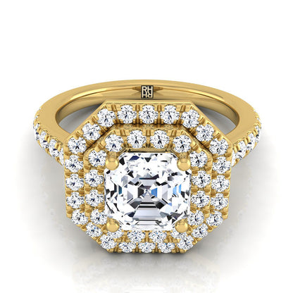14K Yellow Gold Asscher Cut Double Pave Halo with Linear Diamond Engagement Ring -7/8ctw