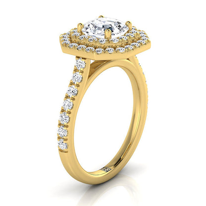 14K Yellow Gold Asscher Cut Double Pave Halo with Linear Diamond Engagement Ring -7/8ctw