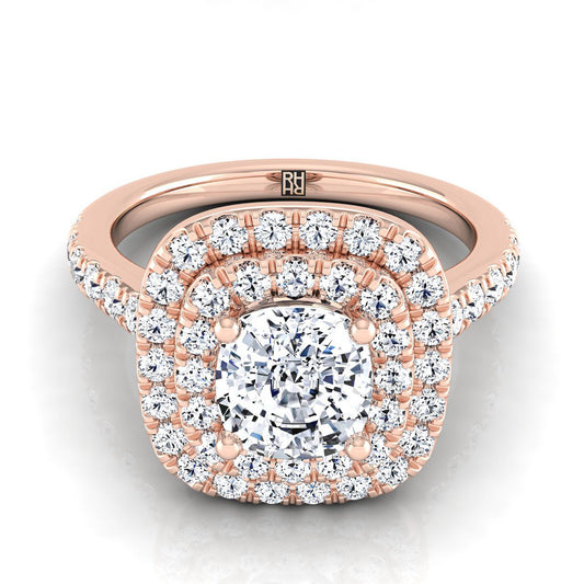 14K Rose Gold Cushion Double Pave Halo with Linear Diamond Engagement Ring -3/4ctw