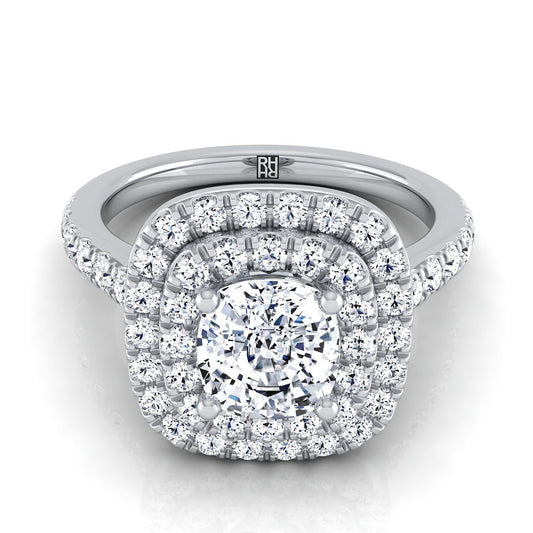 Platinum Cushion Double Pave Halo with Linear Diamond Engagement Ring -3/4ctw