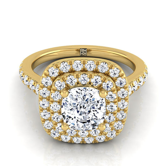 14K Yellow Gold Cushion Double Pave Halo with Linear Diamond Engagement Ring -3/4ctw