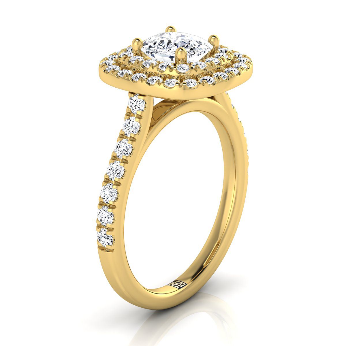 18K Yellow Gold Cushion Double Pave Halo with Linear Diamond Engagement Ring -3/4ctw