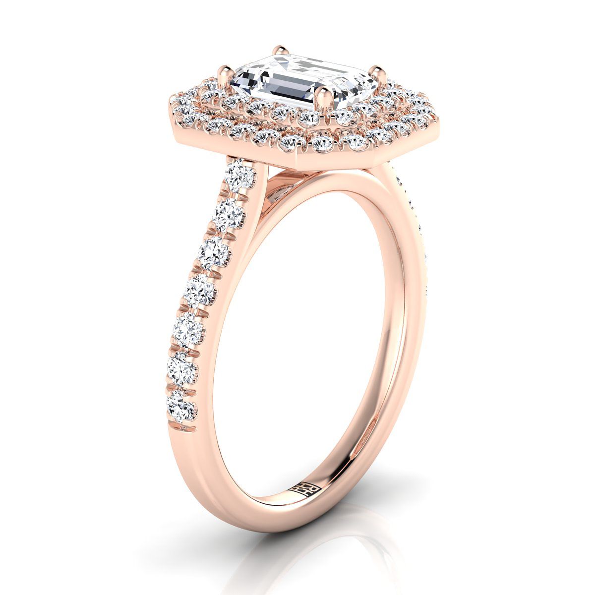 14K Rose Gold Emerald Cut Double Pave Halo with Linear Diamond Engagement Ring -7/8ctw