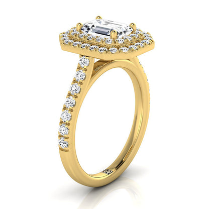 14K Yellow Gold Emerald Cut Double Pave Halo with Linear Diamond Engagement Ring -7/8ctw