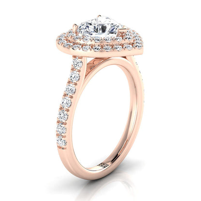 14K Rose Gold Heart Shape Center Double Pave Halo with Linear Diamond Engagement Ring -7/8ctw