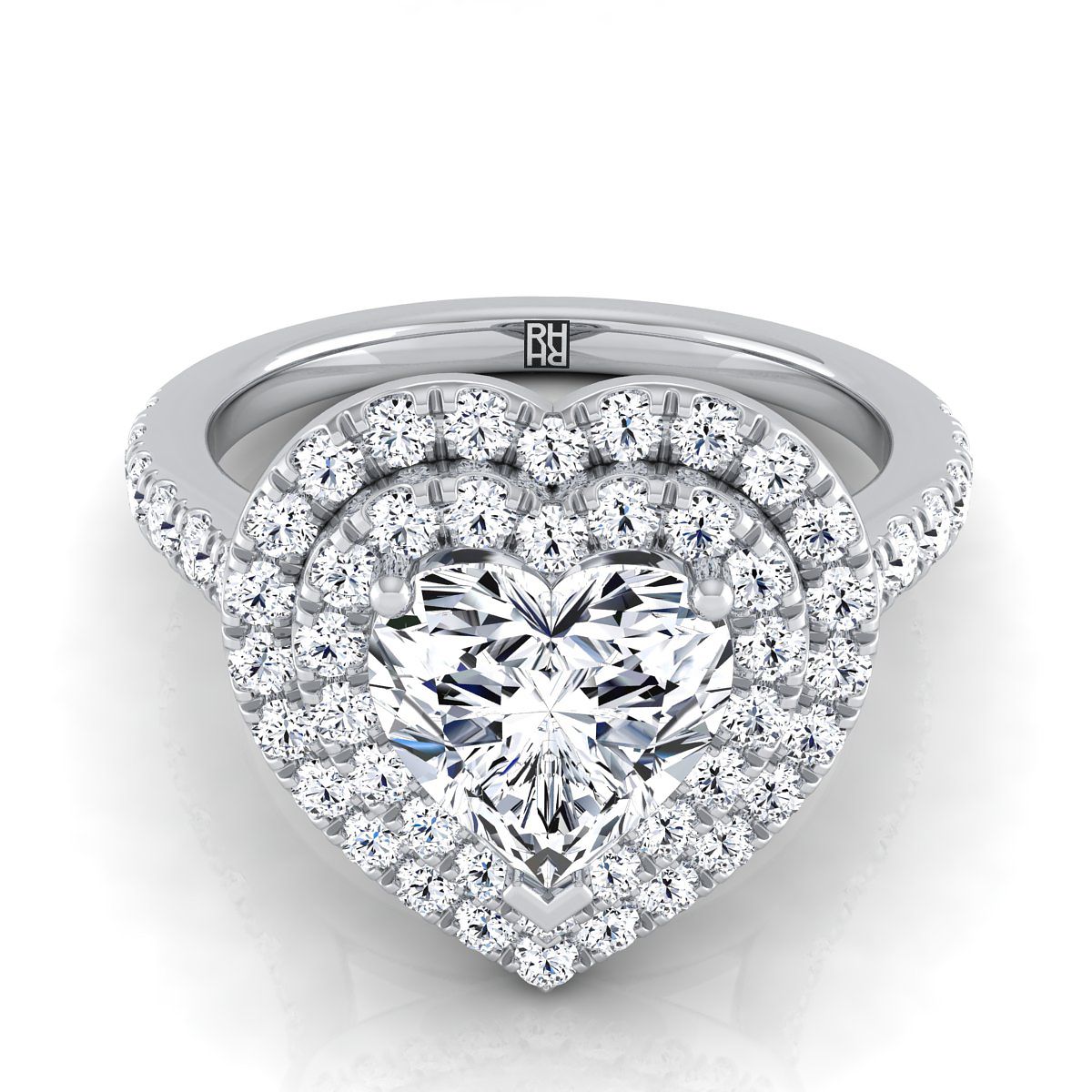 Platinum Heart Shape Center Double Pave Halo with Linear Diamond Engagement Ring -7/8ctw