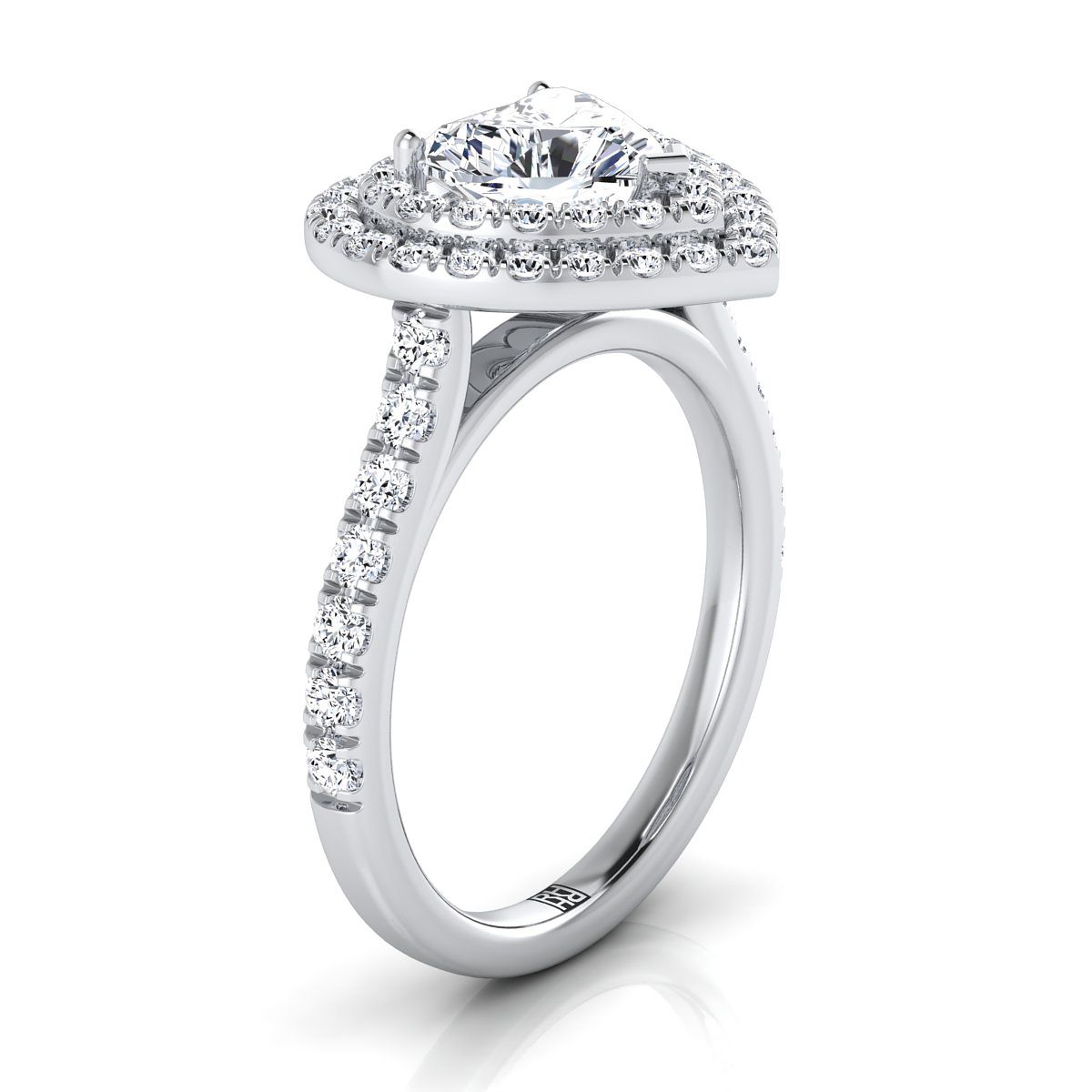 18K White Gold Heart Shape Center Double Pave Halo with Linear Diamond Engagement Ring -7/8ctw