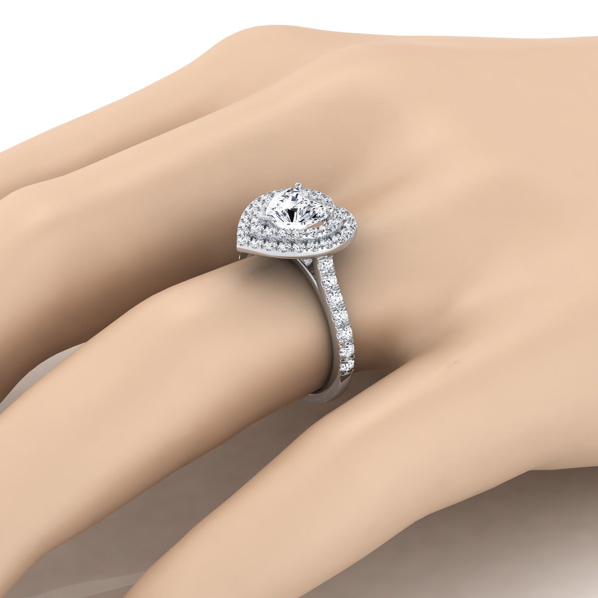 18K White Gold Heart Shape Center Double Pave Halo with Linear Diamond Engagement Ring -7/8ctw