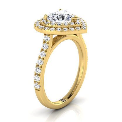 18K Yellow Gold Heart Shape Center Double Pave Halo with Linear Diamond Engagement Ring -7/8ctw