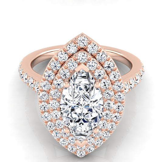 14K Rose Gold Marquise  Double Pave Halo with Linear Diamond Engagement Ring -7/8ctw