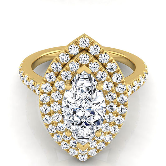 18K Yellow Gold Marquise  Double Pave Halo with Linear Diamond Engagement Ring -7/8ctw