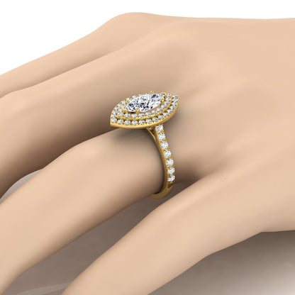 14K Yellow Gold Marquise  Double Pave Halo with Linear Diamond Engagement Ring -7/8ctw