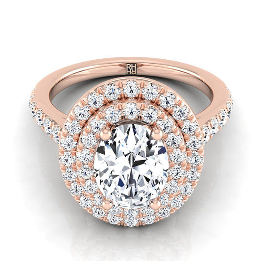 14K Rose Gold Oval Double Pave Halo with Linear Diamond Engagement Ring -7/8ctw
