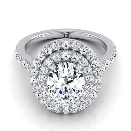 Platinum Oval Double Pave Halo with Linear Diamond Engagement Ring -7/8ctw