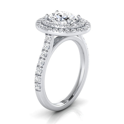 18K White Gold Oval Double Pave Halo with Linear Diamond Engagement Ring -7/8ctw