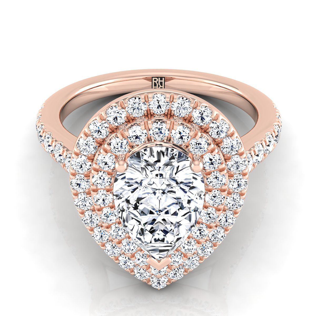 14K Rose Gold Pear Shape Center Double Pave Halo with Linear Diamond Engagement Ring -7/8ctw