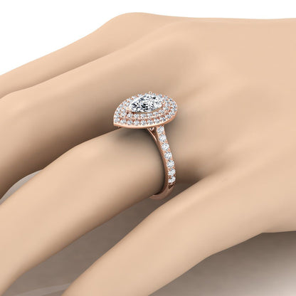 14K Rose Gold Pear Shape Center Double Pave Halo with Linear Diamond Engagement Ring -7/8ctw