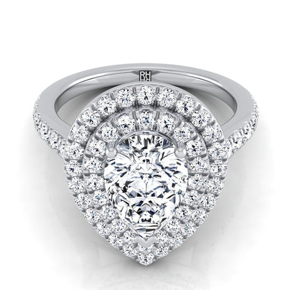 14K White Gold Pear Shape Center Double Pave Halo with Linear Diamond Engagement Ring -7/8ctw