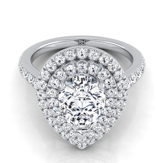 Platinum Pear Shape Center Double Pave Halo with Linear Diamond Engagement Ring -7/8ctw