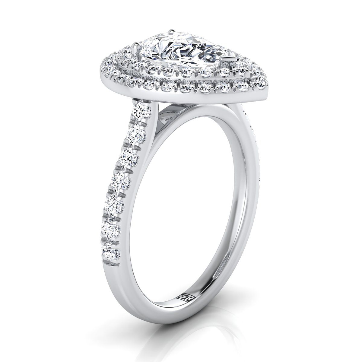 18K White Gold Pear Shape Center Double Pave Halo with Linear Diamond Engagement Ring -7/8ctw
