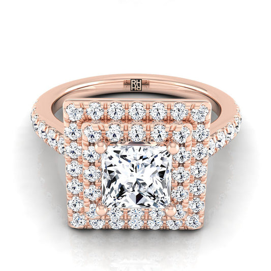 14K Rose Gold Princess Cut Double Pave Halo with Linear Diamond Engagement Ring -7/8ctw
