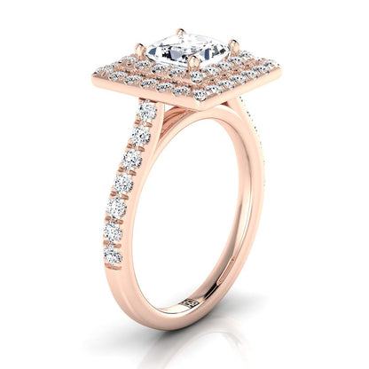 14K Rose Gold Princess Cut Double Pave Halo with Linear Diamond Engagement Ring -7/8ctw