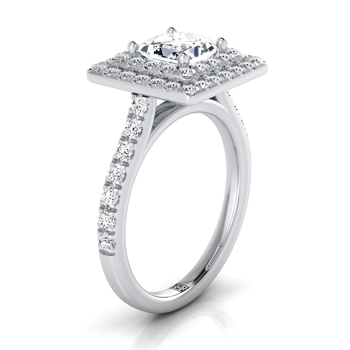 14K White Gold Princess Cut Double Pave Halo with Linear Diamond Engagement Ring -7/8ctw