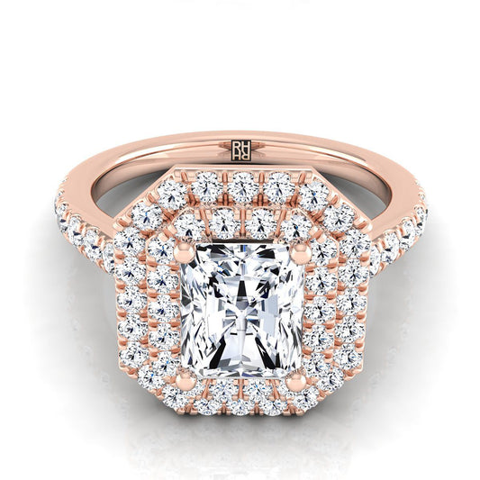 14K Rose Gold Radiant Cut Center Double Pave Halo with Linear Diamond Engagement Ring -7/8ctw