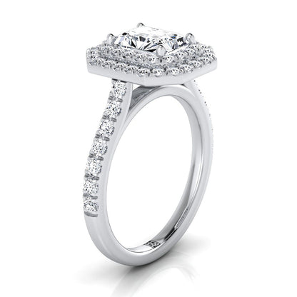 14K White Gold Radiant Cut Center Double Pave Halo with Linear Diamond Engagement Ring -7/8ctw