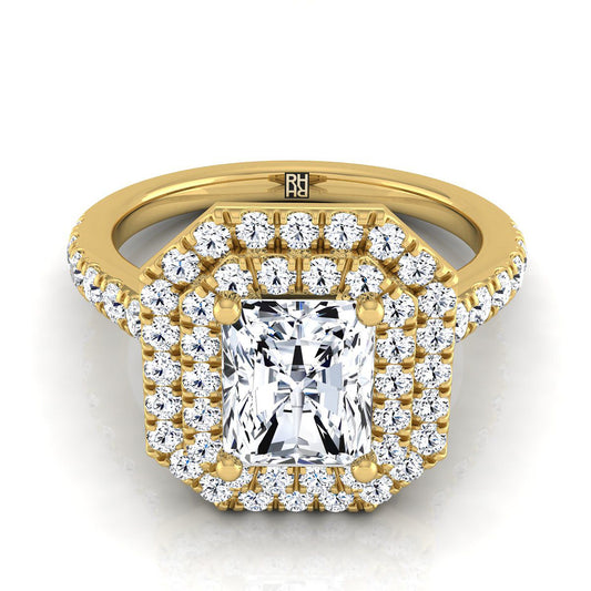 14K Yellow Gold Radiant Cut Center Double Pave Halo with Linear Diamond Engagement Ring -7/8ctw